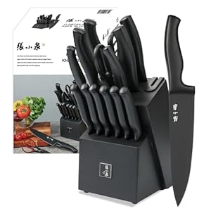 Black CVD Knife Set-15 Pieces Stainless Steel Handle Kitchen Knife Set in Rubberwood Block with Built-in Sharpener (Stainless Steel)