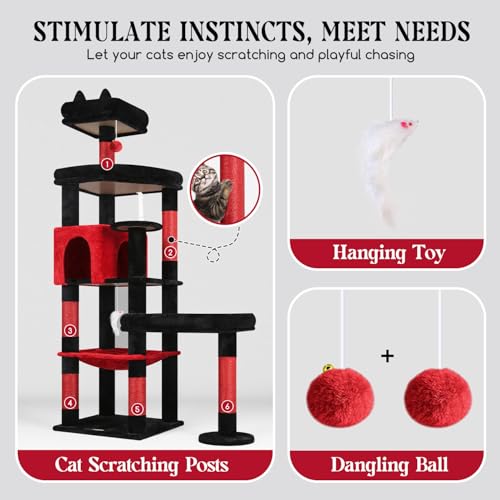 Image of Globlazer Extra Large Platform Gothic Cat Tree, 65in Tall Sturdy Goth Cat Tower for Multiple Indoor Cats, Big Cat Tree for Large Cat with 3 Enlarged Perches, 6 Scratching Posts, Condo, S65, Red Black