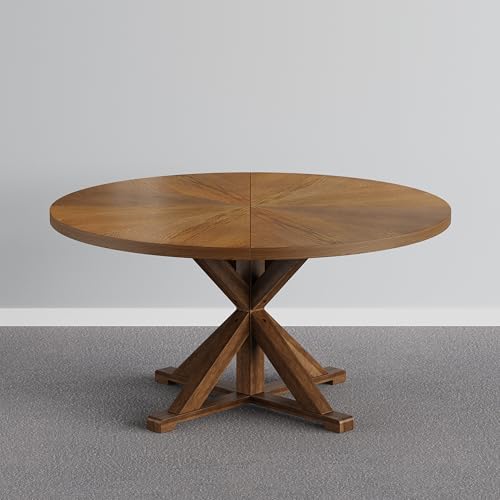 Image of 59 inch Solid Wood Round Dining Table for 6-8, Wooden Trestle Pedestal Base, Rustic Round Dining Room Table for Home Dining Room, Kitchen, Living Room