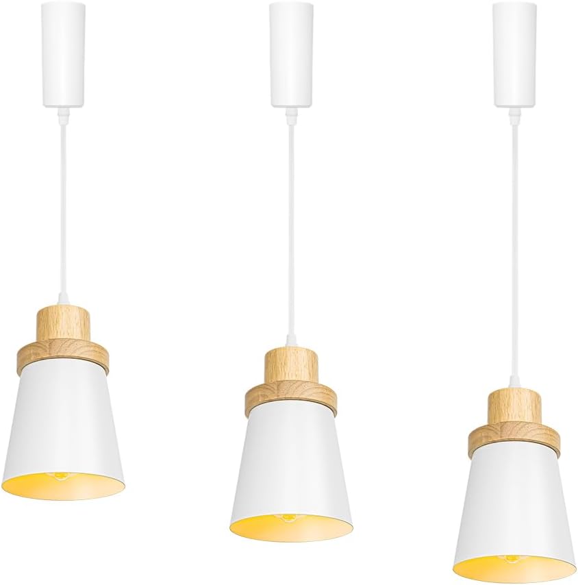 Set Three Adjusted Cable J-Type Track Lamp Wooden Base White Metal Shade Vintage Pendant Lighting for Kitchen Bar Dining Room(No Bulb, Track)