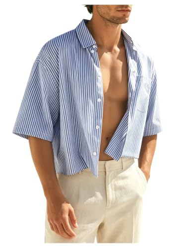 Amazon.com: GORGLITTER Men's Striped Cropped T Shirt Button Down
