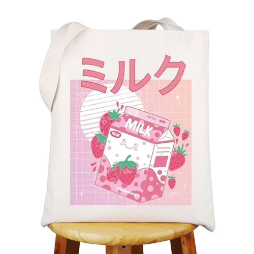 WZMPA Japanese Anime Kawaii Lover Gift Cute Strawberry Milkshake Grocery Bag Cartoon Milk Aesthetic Gift, Anime Milk Tote Bag