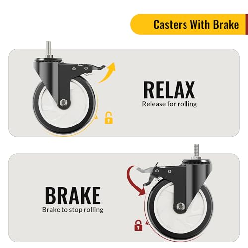 Image of HOLKIE Caster Wheels 5 inch Total Locking Stem Casters, 3 /8 inch -16 x 1 (Stem Diameter 3 /8 inch, Stem Length 1 inch) Threaded Stem Casters Swivel Casters Set of 4 Heavy Duty Castors Black