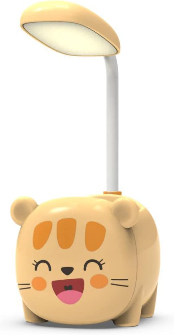 Cartoon Table Lamp, Night Light Eye Protection with Adjustable Brightness LED Cute Style with Pen Holder USB Rechargeable, Foldable Desktop Lamp for Kids Study Bedroom Office Table Home(Yellow Cat)