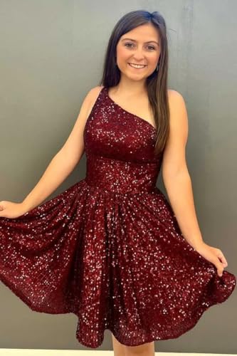 One Shoulder Homecoming Dresses Short for Teens A-Line Sparkly Sequins Cocktail Party Gown with Pockets2