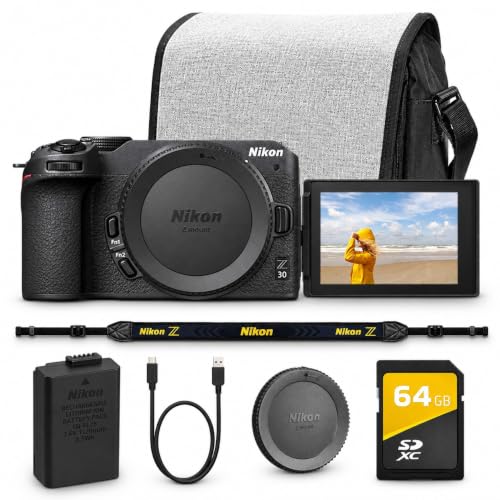 Nikon Z30 Mirrorless Camera Bundle | 20.9MP DX CMOS Sensor, 4K UHD Video, Eye-Detection AF & EXPEED 6 Processor | Great for Vlogging, Content Creation & Travel Photography (34406) + 64GB Card + Bag