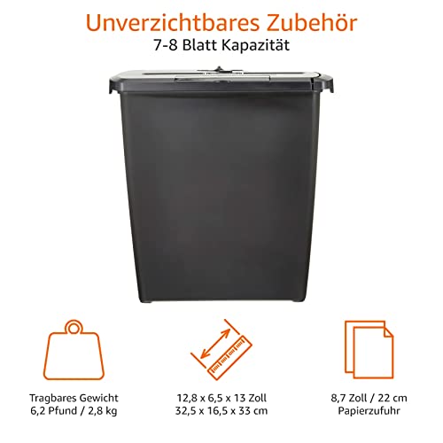 Amazon Basics Aktenvernichter, Streifenschnitt, CD-Schredder, 7-8 Blätter, Schwarz
