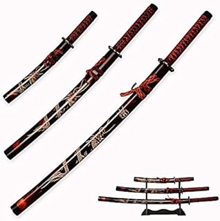 3pc Set Japanese Samurai Sword with Display Stand,Iaido Katana Engraved with Dragon Pattern On The Scabbard