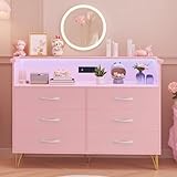 GarveeHome Pink Dresser for Bedroom with Power Outlet & LED Light, 6 Wooden Dressers with Wide Drawers & 2-Tier Open Shelves, Modern Chest of Double Wide Drawers for Living Room, Entryway, TV Stand