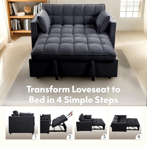 FLEXISPOT XCT4 Pull Out Couch, 3-in-1 Sleeper Sofa Bed with Adjustable Backrest, Loveseat Sleeper with Pillows & Side Pockets, Convertible Futon Couch for Small Spaces Guest Room Apartment, Black - Thumbnail 4