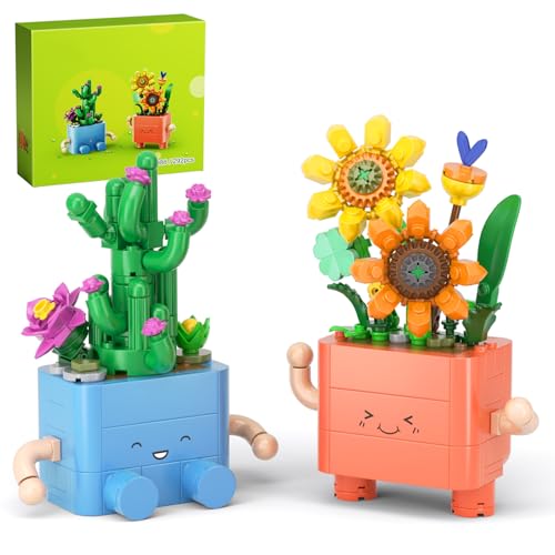 Image of 292 PCS Cute Plants Building Blocks Set, 2-in-1 Artificial Succulents Cactus & Sunflower Potted Flowers Building Toys, Creative DIY Floral Botanical Collection Gift for Adults & Kids Ages 6+