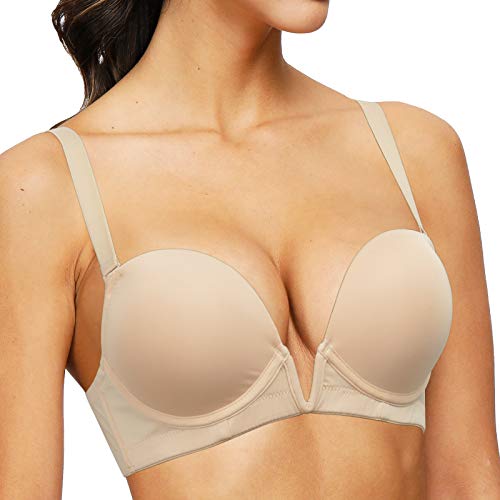 Upushall Women's Deep Plunge V Bra Push Up Padded Low Cut Multiway Convertible Underwire Bras With Clear Strap Beige40D #TOP1