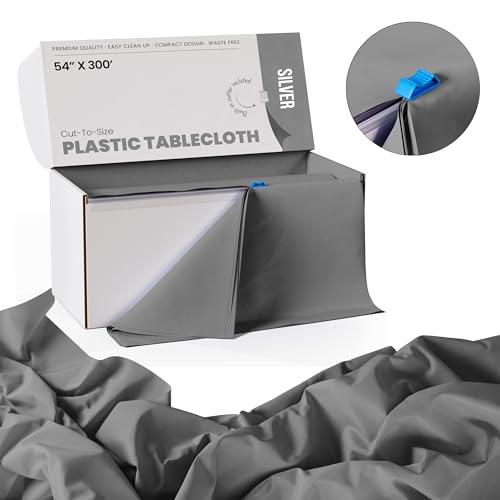 Image of Exquisite Party Solids 54 Inch X 300 Feet Silver Plastic Table Cover Roll in A Cut - to - Size Box with Convenient Slide Cutter. Cuts Up to 36 Rectangle 8 Feet Plastic Disposable Tablecloths