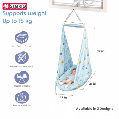 Image of Storio Baby Window Swing for Newborn (0-12 Months) | Hanging Baby Jhula with Mosquito Net, Spring & Metal Window Hanger | Polycotton Palna Thottil | Indoor Window Cradle Sleeping Set - Blue