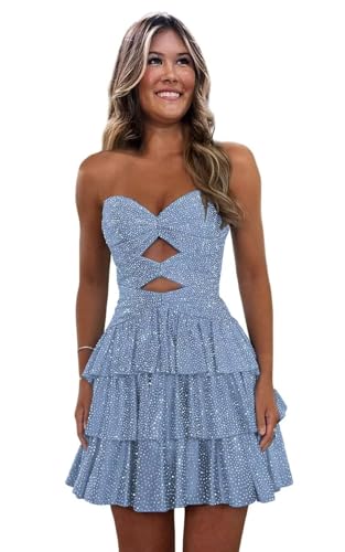 Sparkly Sequin Tiered Homecoming Dresses for Teens 2025 A Line Cut Out Strapless Short Cocktail Party Dress
