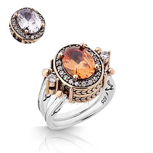 Elegant Reversible 925 Sterling Silver Ring for Women Jewelry - Handcrafted in Turkey, Featuring Oval Cut Champagne Honey and White Topaz 925 Sterling Silver Ladie's Ring All Size