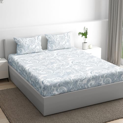 Image of Wakefit 100% Cotton 200 TC Flat Printed Bedsheet, Paisley King Size (104x104 Inches) / (2.64m*2.64m) with 2 Pillow Covers Paisley, King