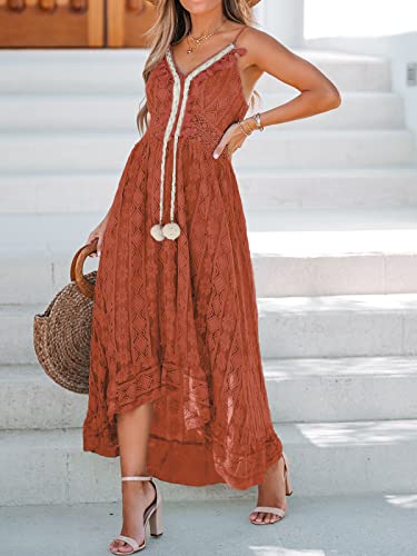 Image of CUPSHE Womens Lace Summer Maxi Dresses 2026 Beach Wear | V Neck Spaghetti Straps Sundress, Tassel, Boho Pom Poms, Flowy Vacation Outfits, Resort Wear, Graduation Wedding Guest Looks