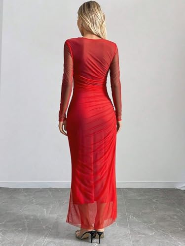 Image of Womens Long Sleeve Maxi Dress Mesh Bodycon Spring Fall Formal Wedding Guest | Tie Dye Ruched Night Out Cocktail Party Long Dresses