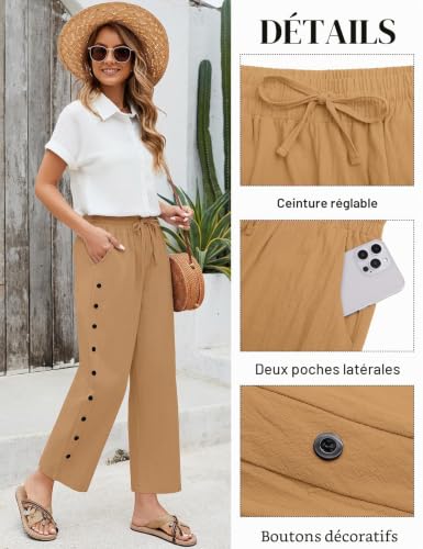 Yuson Girl Pantalon Femme Été Coton 7/8 Pantalons Taille Haute Elastique Décontractée Pantacourt à Boutons Décoratifs Léger Solide Couleur de Plage Large avec Poches(Kaki, XL) – vue 3