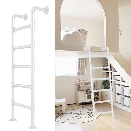 Etagenleiter aus Metall im Industrie-Stil, für Dachböden und Keller, rundes Rohr, Kletterleiter mit Beschlägen, Außenwand, Deck und Poolzugang, 105 cm, Weiß