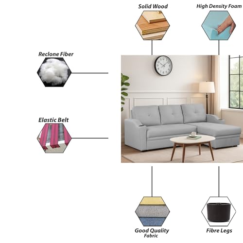Image of Casaliving Ravonna RHS 4 Seater L Shape Corner Sofa Cum Bed for Living Room (Grey Fabric) Premium Fabric Sofa