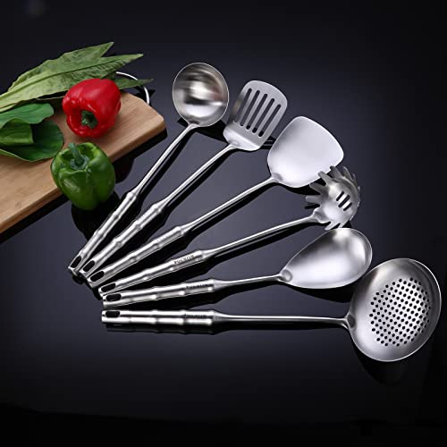 304 Stainless Steel Kitchen Cooking Utensils Set - 6 Pc Heavy Duty Metal Kitchen Cooking Tools - Matte Stainless Steel Cooking Spoon #TOP2