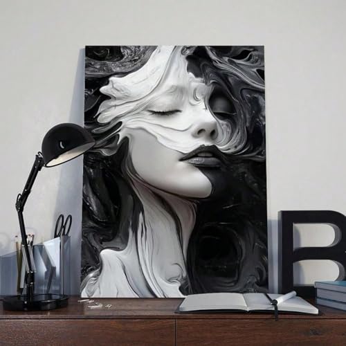 Toile abstraite visage fluide : la solution déco rétro noir et blanc sans cadre 70x110 - 2