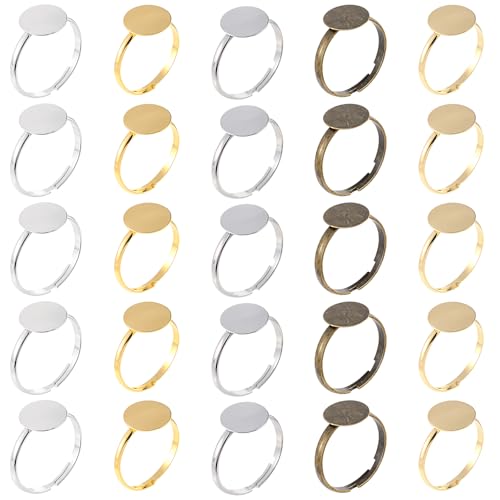 50Pcs Ring Blanks for Jewelry Making Supplies Adjustable Flat Ring Base 12mm Rings Blanks Jewelry Findings Silver Gold Rose Gold Black Craft Rings
