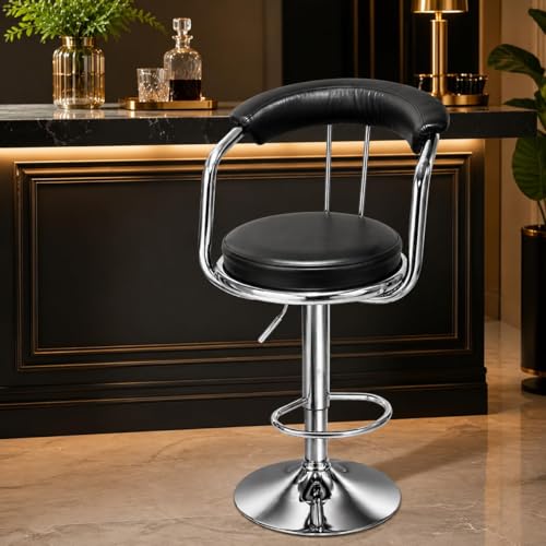 Image of Kemon Modern Adjustable Swivel Bar Stool Chair with Backrest, PU Leather Hydraulic Counter Stool with Footrest for Kitchen Island, Cafe & Home Bar (1, Black, Round Barrel Stool)