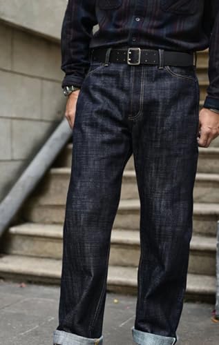 Men’S Vintage Loose Fit Selvedge Raw Denim Full Length Jeans Button Fly Midweight Daily Wear Silver-Plated Buttons4
