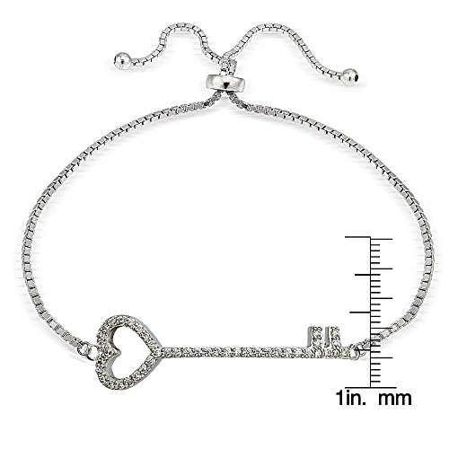 Image of Hoops & Loops Sterling Silver Cubic Zirconia Heart Key Pullstring Adjustable Bracelet