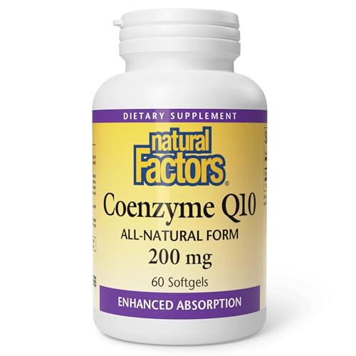 Natural Factors Coenzyme Q10 200 mg, Natural Coenzyme Q10 Supplement for Energy, Heart and Cognitive Support, 60 Softgels