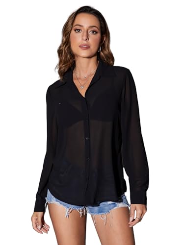 OYOANGLE Women's Mesh Sheer Long Sleeve Shirt See Through Button Down Blouse Top