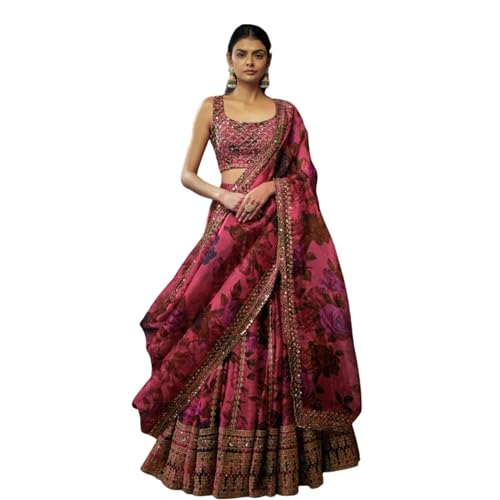 Image of piludi Women's Pink Floral Printed Unstitched Lehenga Choli with Embroidered Blouse and Dupatta
