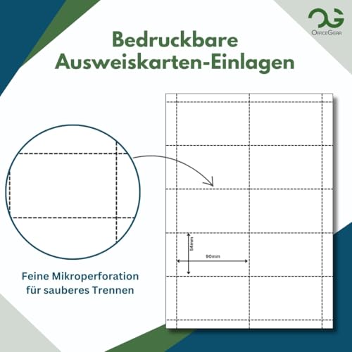 OfficeGear perforierte, bedruckbare Namensschild-Einlagen [55 Blatt – 550 Stück] – 90 × 54 mm – Weiß, A4, 150 g/m² – für Ausweis- und Konferenzhalter – inkl. Designvorlage