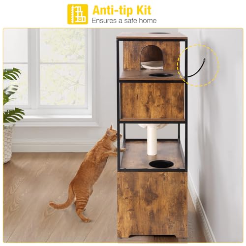 Aivituvin Cat Litter Box Enclosure, Litter Box Furniture Hidden, Wooden Cat Washroom Furniture, Indoor Cats House with Condo, Hammock, Scratching Mat and Storage Shelves