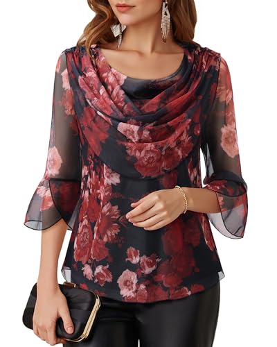 Lotusmile Blouses for Women Dressy Casual: Elegant Summer Tops for Women - Cowl Neck Lightweight Womens Blouses Evening Party Date - Sheer Floral Womens Clothes Wedding Guest Black Red Floral XL