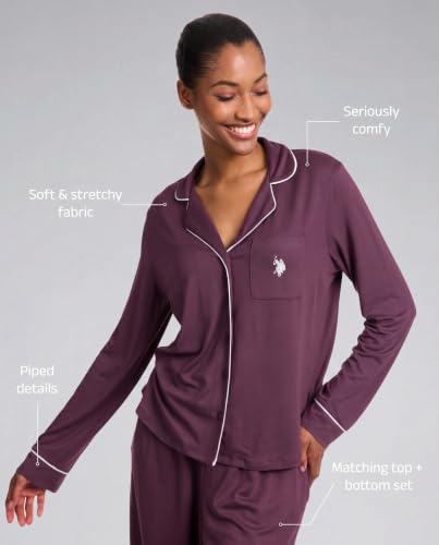 Image of U.S. POLO ASSN. Womens Lightweight Notch Collar Pajama Set | Classic Button Down Pajamas for Women with Long Sleeve Top and Pajama Pants