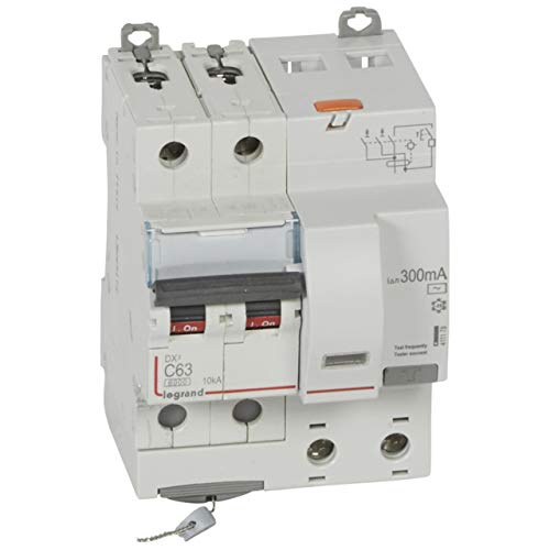 Legrand 411178 Disjoncteur différentiel monobloc DX³6000 10kA arrivée haute et départ bas à vis, 2P, 230V à 400V, 63A typeAC,-300mA