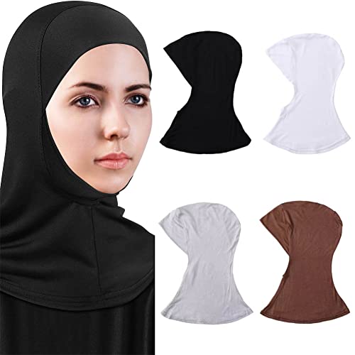 ZUYYON 4 Pcs Muslim Hijab Caps Adjustable Stretchy Modal Turban Full Cover Shawl Cap Full Neck Coverage Head Scarf for Lady(Black White Light Grey Khaki)