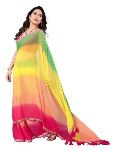 Image of RAJESHWAR FASHION WITH RF Women's Fancy Desian Ombre Georgette Saree For Women With Latkan Tassels Lace Border & Unstitched Blouse