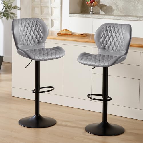 Image of Bar Stools Set of 2, Adjustable Bar Stools with Back, Modern Swivel Fabric Counter Height Barstools for Kitchen Island Chairs Counter, Pale Grey