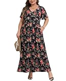 Kyzoeyou Plus Size Dresses for Women Casual Elegant Summer Short Ruffle Sleeve V Neck Maxi Dress for Party Holiday Wedding(Floral_Red Black 5X-Large)