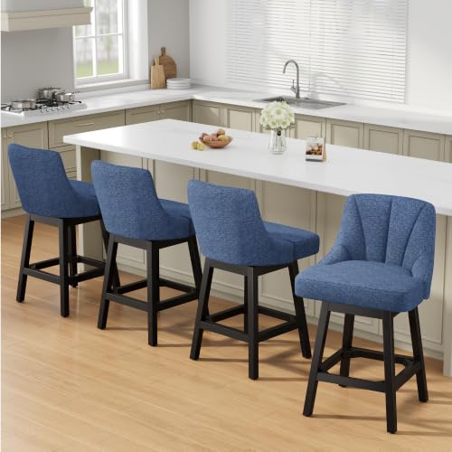 Image of YaFiti 26 inch Fabric Swivel Bar Stools Set of 4 with Back & Wood Leg,Navy Blue | Linen Fabric, Extra Upholstered Seat, Counter Stool, Square Solid Wood Legs, with Backrest & Footrest, for Kitchen Island Bar
