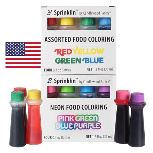 Candlewood Pantry B. Sprinklin Assorted Liquid Food Coloring Kit, 8 Bottles, 0.3 fL Oz/Neon and Regular (4) Colors - Vibrant Food Dye for Slime Crafts, Eggs, Frosting and Cake Decorating