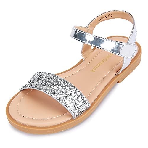Image of PANDANINJIA Girls Sandals Open Toe Summer Flats Dress Shoes | Toddler /Little /Big Kid, Flower Girl, Lightweight Cushioned, Hook and Loop, Breathable Insole, Wedding, Party