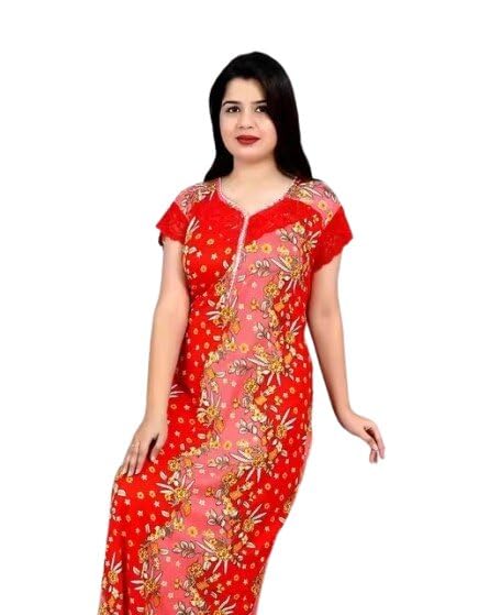 Women Polycotton Printed Nighty Short Sleeve Comfortable Free Size Casual NightSleep-image-13