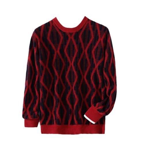 Men's Fall Winter Pure Wool Sweater Round Neck Thickened Diamond Color Matching Knitted Loose Cashmere Sweater