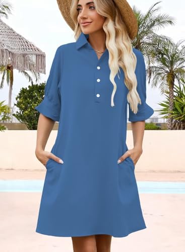 Image of Womens Summer Shirt Dress 2026 Casual Ruffle Short Sleeve Button Down Flowy Swing Shift Mini Dresses with Pockets